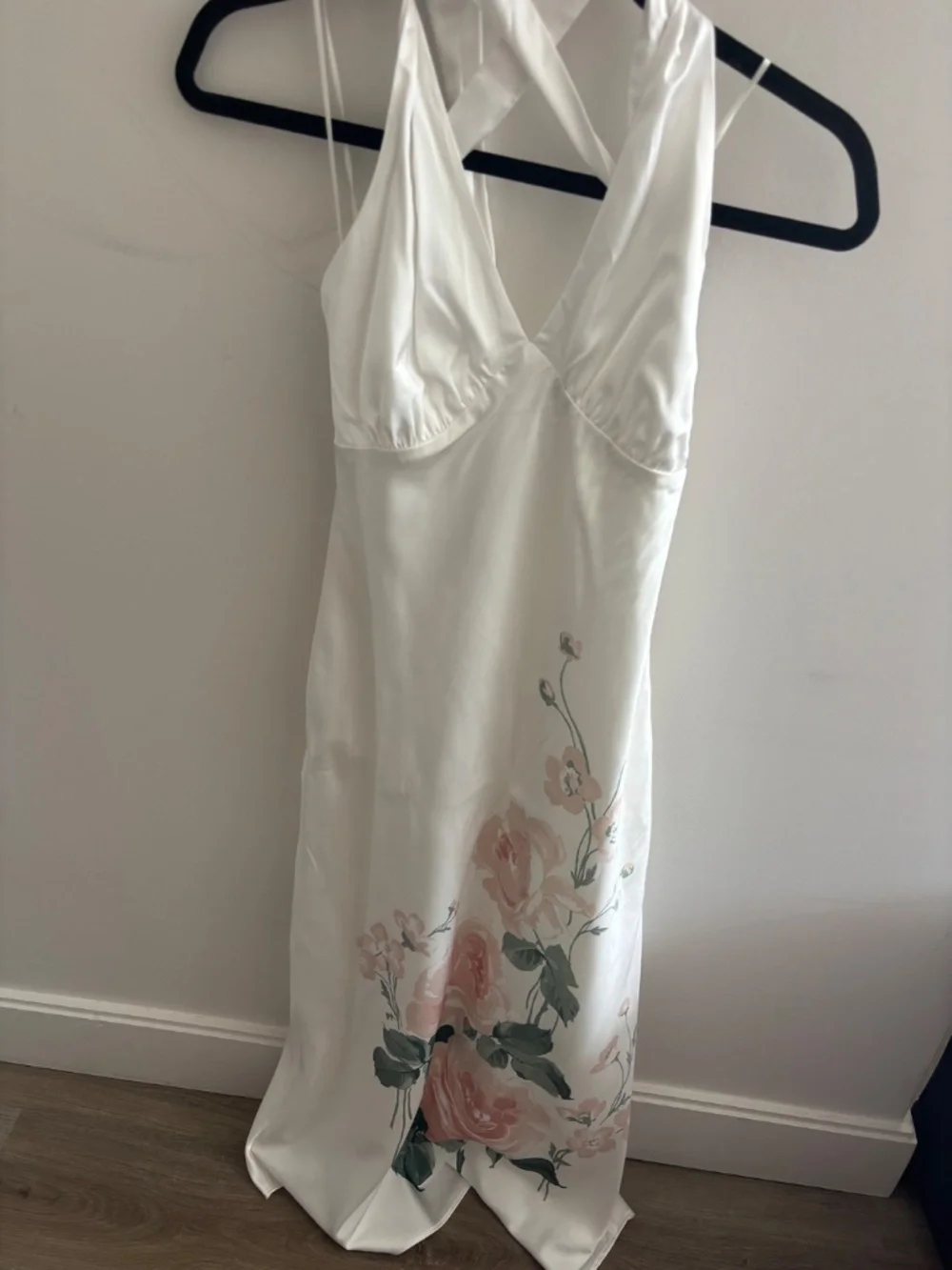 The A&F Julia slip halter dress - maxi white satin dress with pink florals